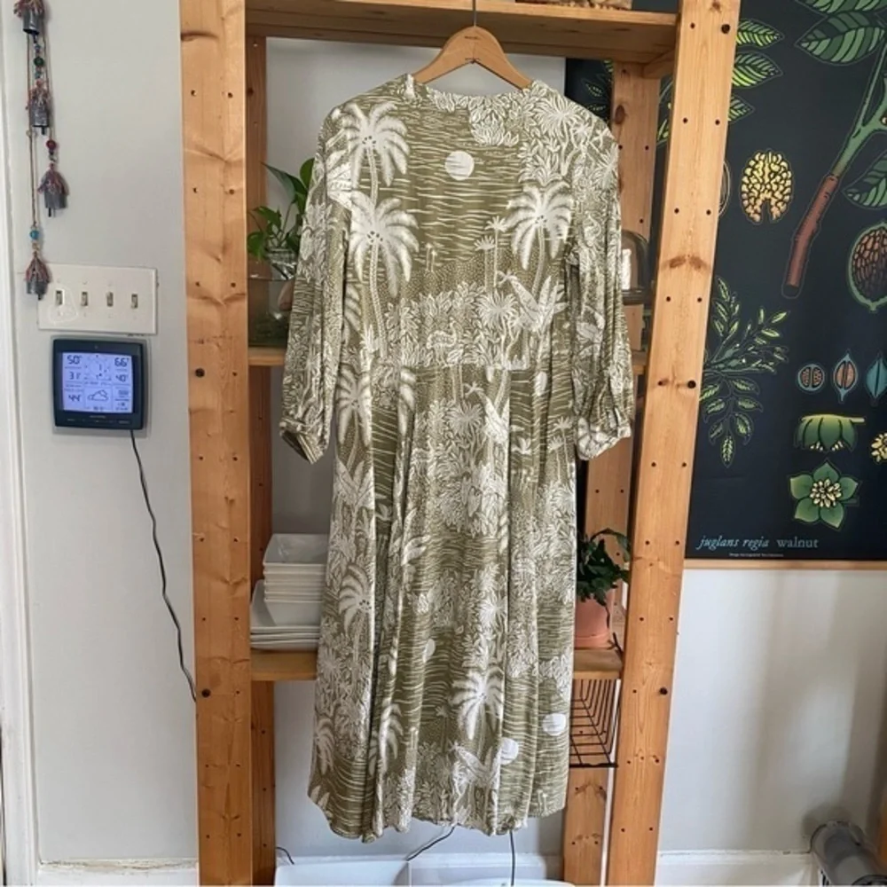 Desmond & Dempsey X H&M Green White Tropical Palm Print Linen Blend Midi Dress S - Picture 5 of 15